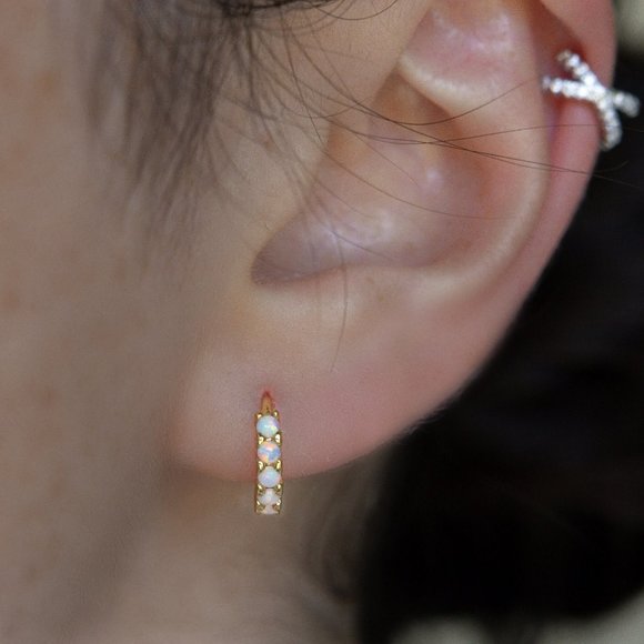 6mm Gold Vermeil Sterling Silver Opal Huggie Hoops, Opal Huggie Earrings - Picture 1 of 9